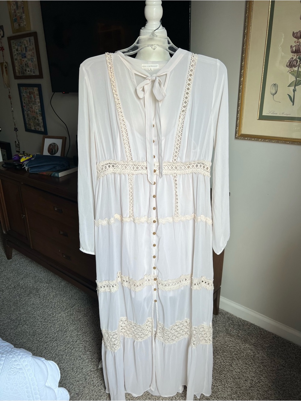 Tie-Neck Cream Lace-Trim Maxi Dress